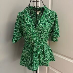 Monteau Los Angeles Floral Green Short Sleeve Blouse Size Large